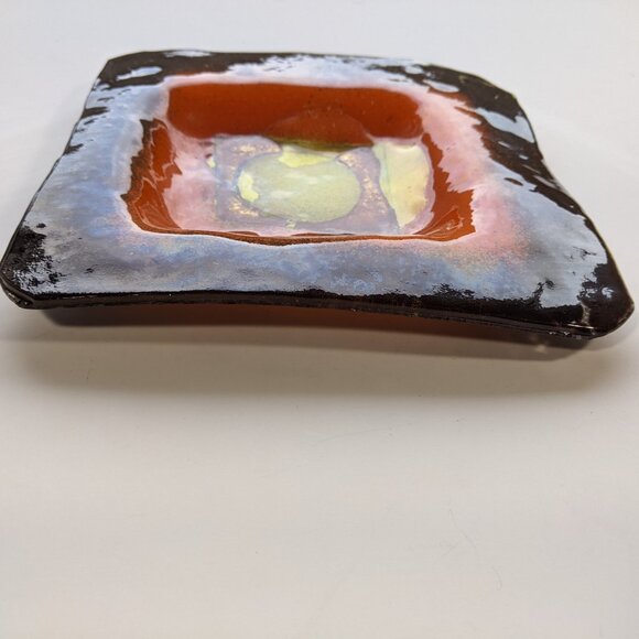 Mid Century Modern orange brown yellow Square Glass Dish for vintage credenza - Picture 4 of 8